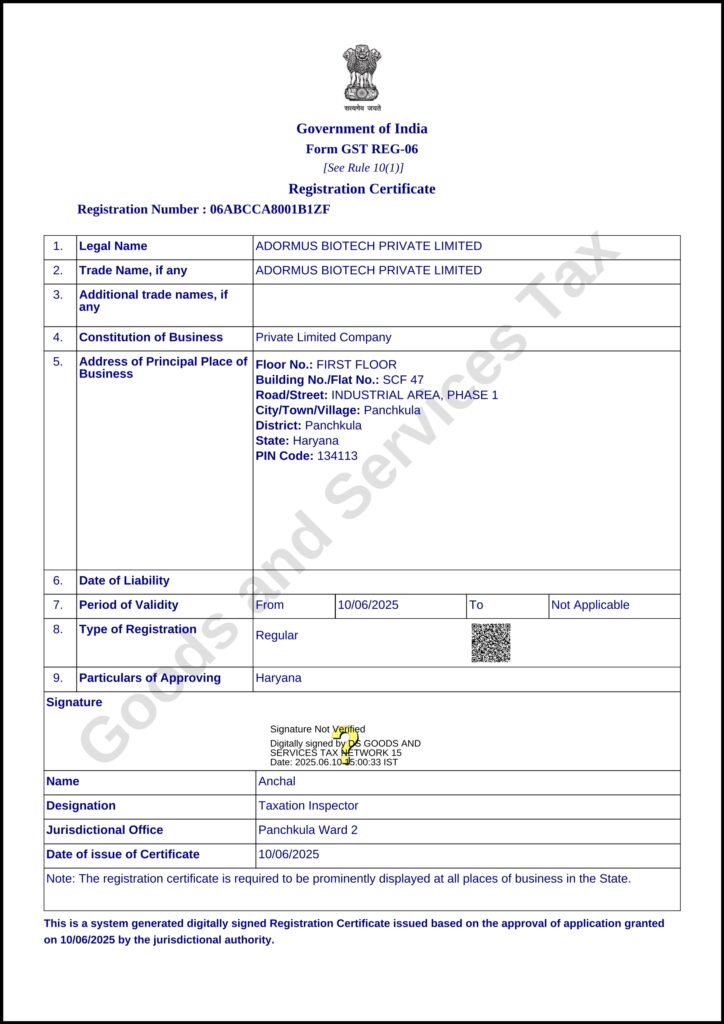 ADORMUS BIOTECH GST CERTIFICATE